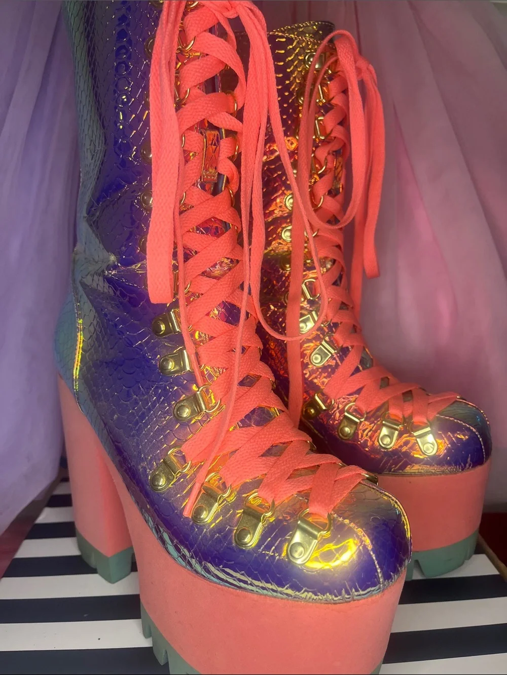 Iridescent Purple Platform Lace-Up Boots with Coral Laces